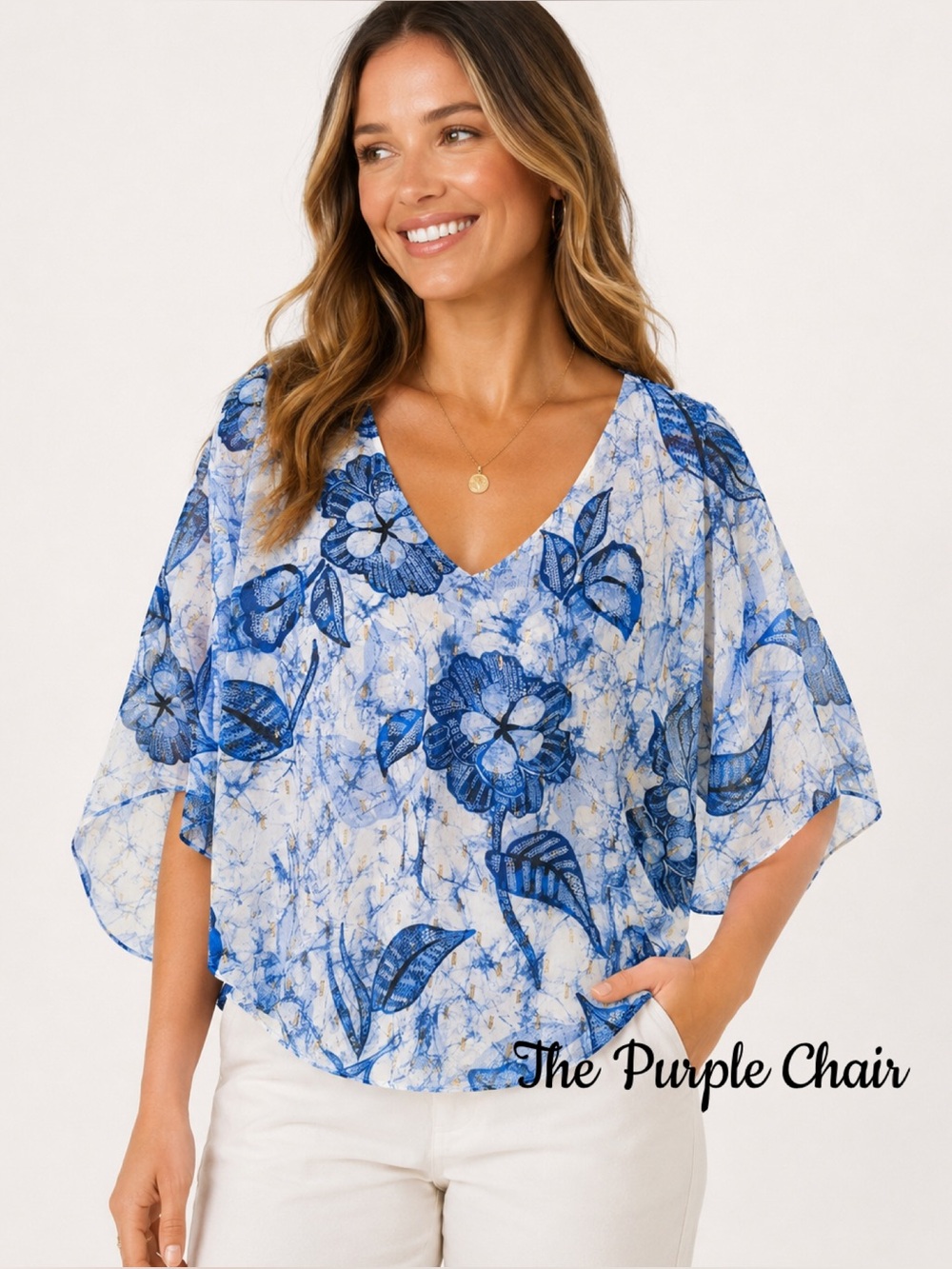 WHITE HOUSE BLACK MARKET NWT Floral Print Elbow Kimono Sleeve V-Neck Blouse M